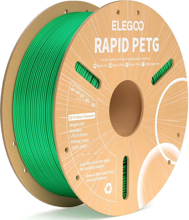 ELEGOO Rapid PETG Filament 1.75mm Green 1KG, High Speed 30-600mm/s 3D Printer Filament Dimensional Accuracy +/- 0.02 mm, 1kg Cardboard Spool(2.2lbs) Fits for Most FDM 3D Printers - Image 1